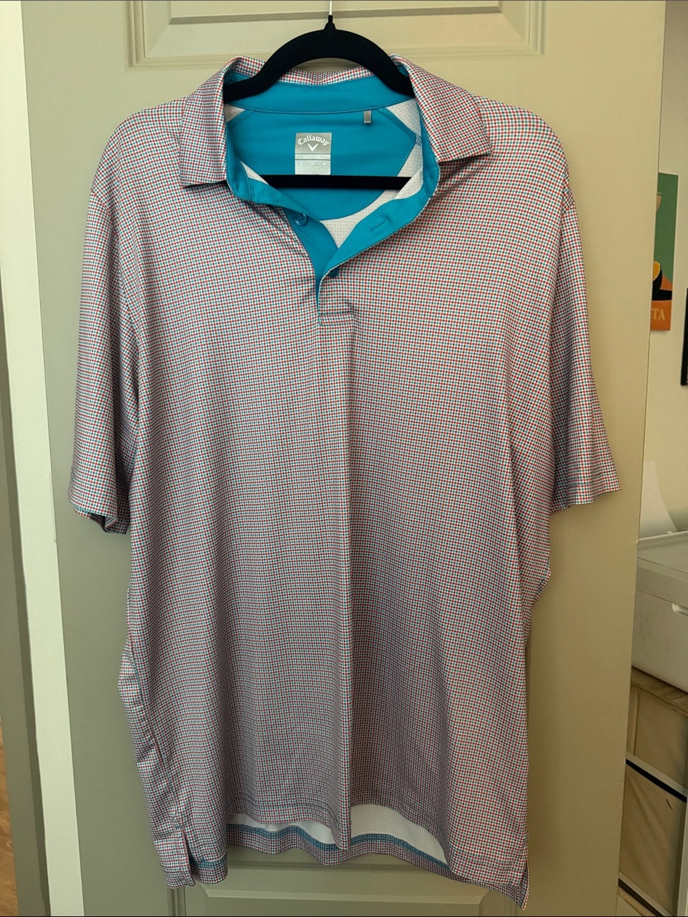 Callaway Men’s Short Sleeve Polo - Red Microcheck with Turquoise Interior